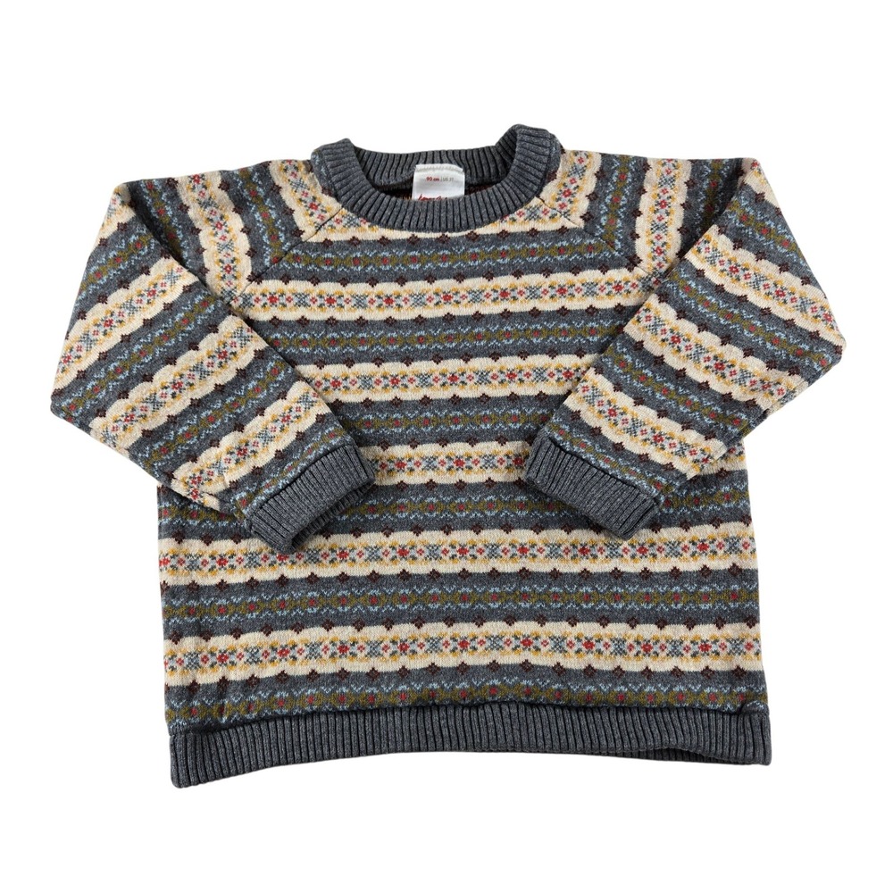 Hanna Andersson Kids 90 3T Fair Isle Cotton Knit Sweater Grey Multi Color Stripe